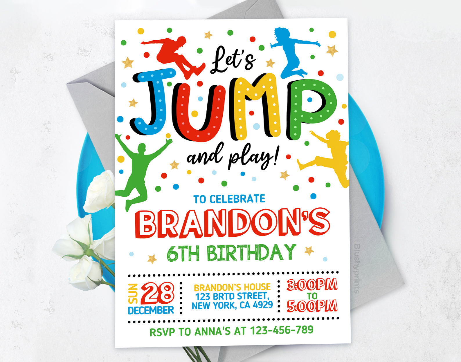 Trampoline Party Invitation, Boy Jump Birthday Invite Etemply