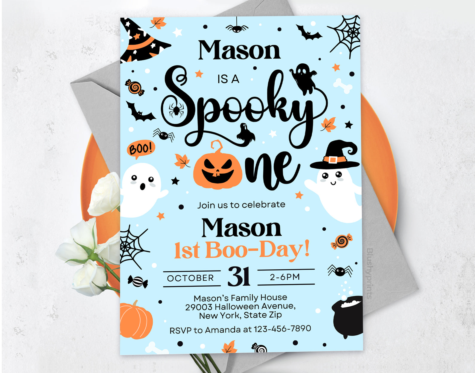 Spooky One Halloween Boy 1st Birthday Party Invitation Cute Boy Ghost 1st Birthday Spooktacular Etemply