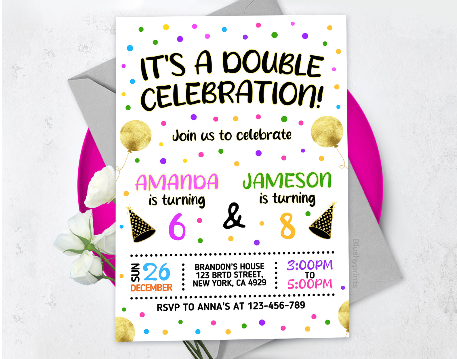 Double Birthday Invitation, Joint Invite Etemply