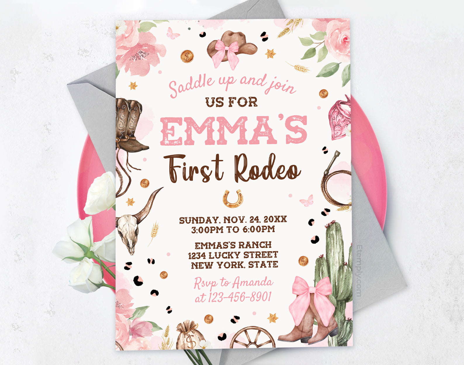 First Rodeo Birthday Invitation, Girl Western Invite Etemply