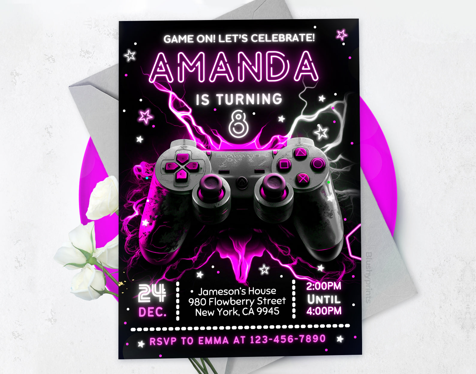 Neon Girl Gaming Party Invitation Etemply