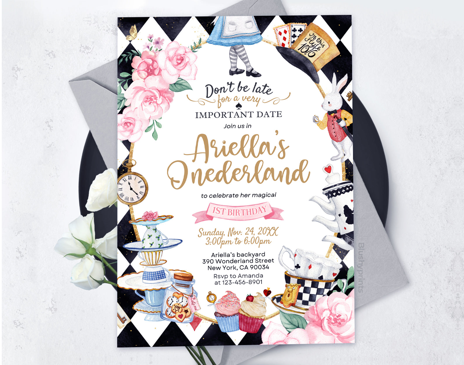 Alice in Wonderland Invitation, Onederland Invitation, 1st Birthday Girl Invitation Etemply