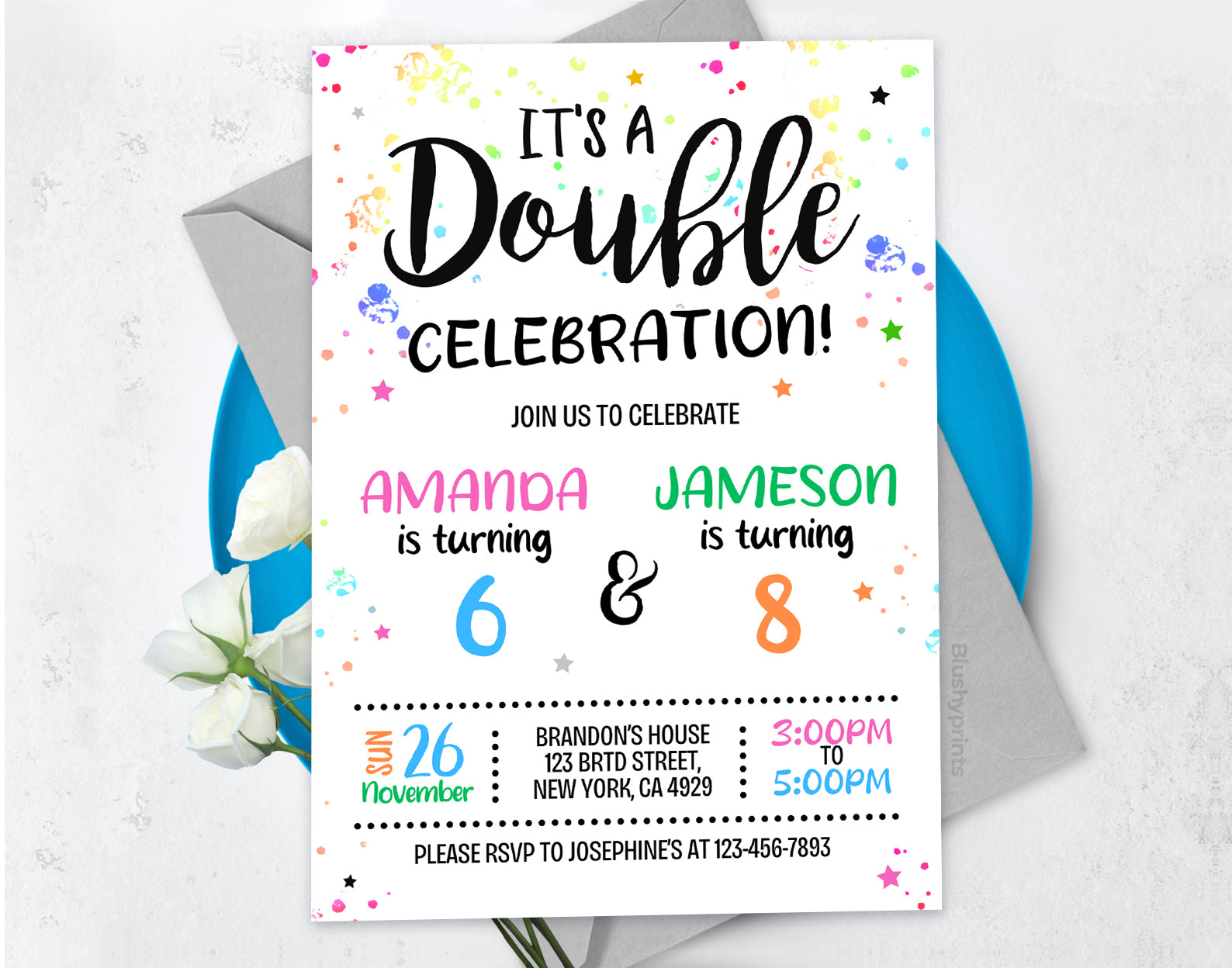 Double Birthday Invitation, Joint Invite Etemply