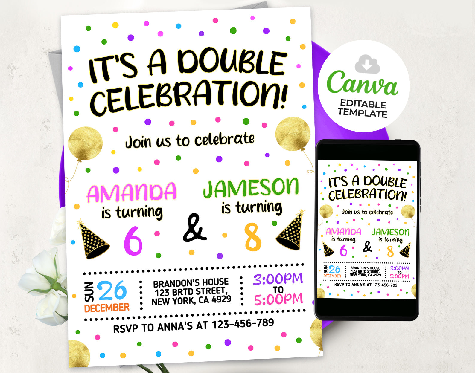 Double Birthday Invitation, Joint Invite Etemply