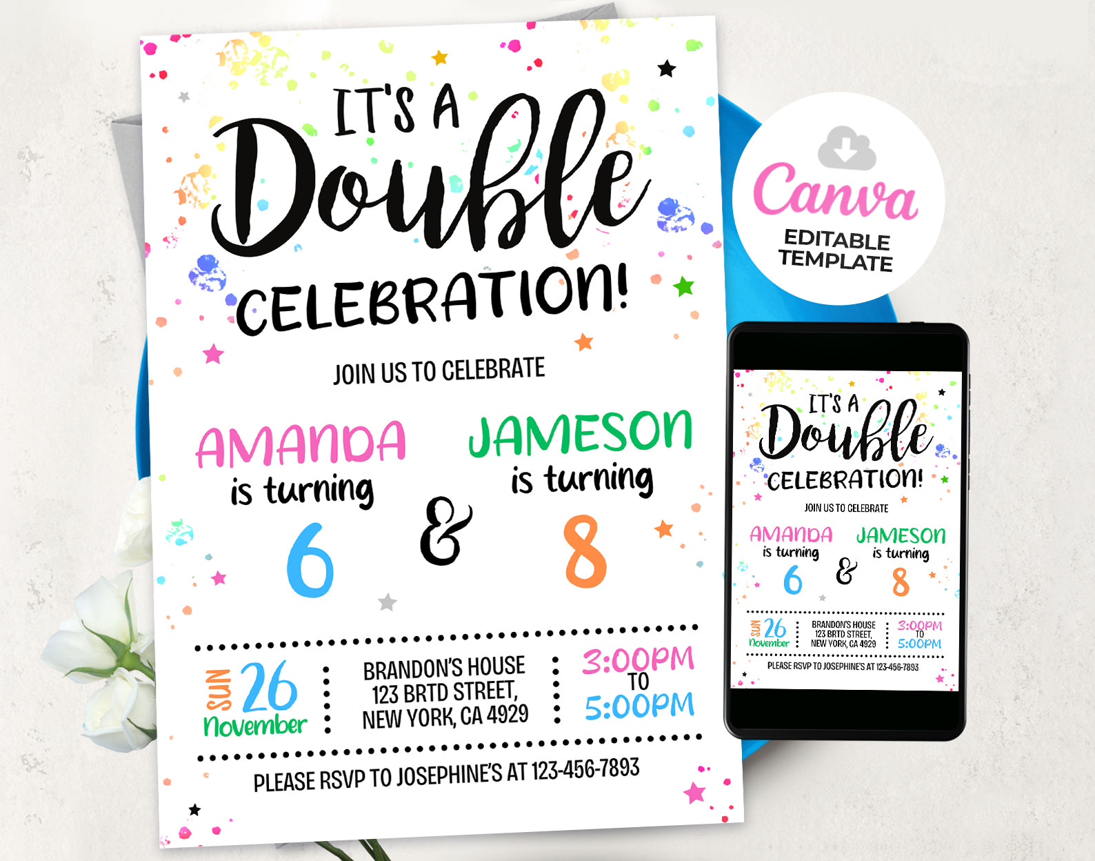 Double Birthday Invitation, Joint Invite Etemply