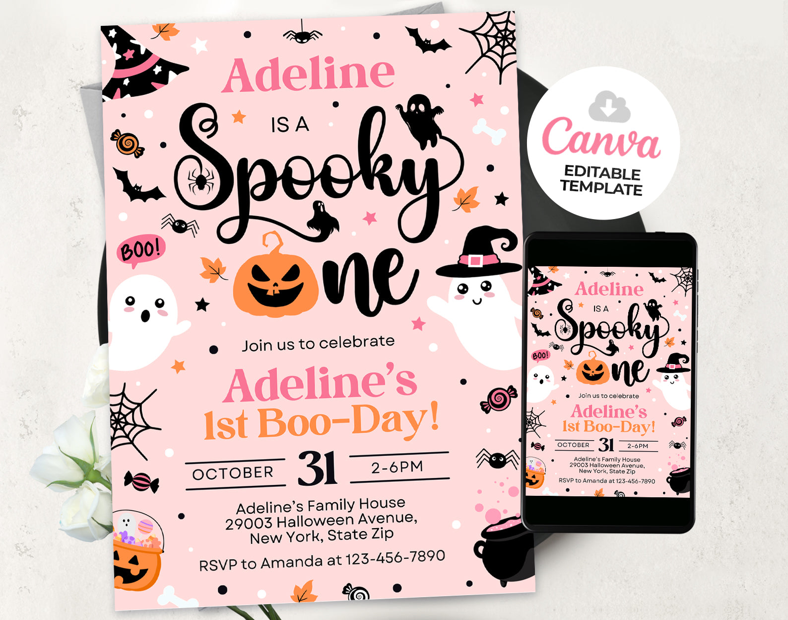 Spooky One Halloween Girl 1st Birthday Party Invitation Cute Girl Ghost 1st Birthday Spooktacular Etemply