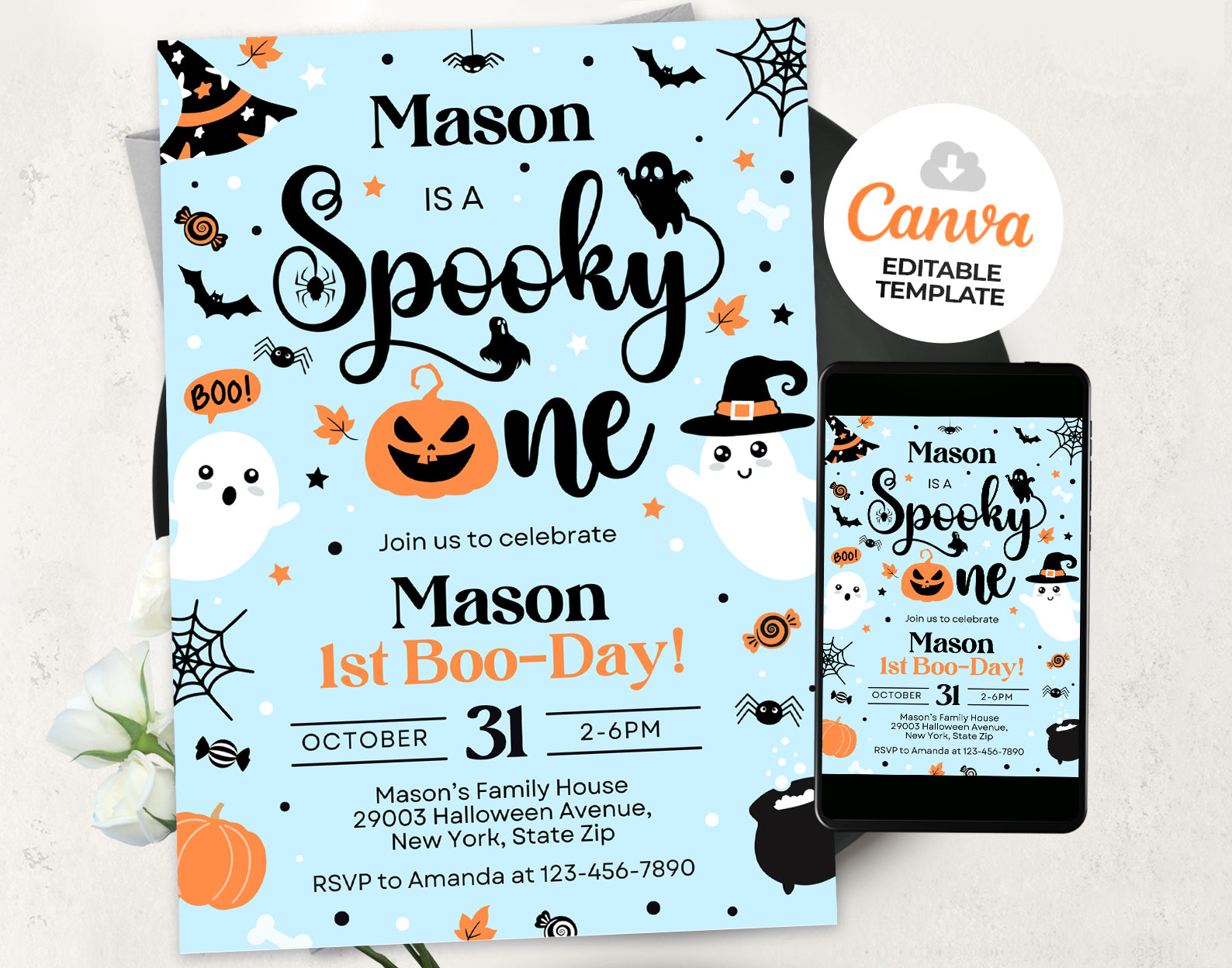 Spooky One Halloween Boy 1st Birthday Party Invitation Cute Boy Ghost 1st Birthday Spooktacular Etemply