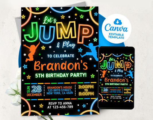 Trampoline Party Invitation, Neon Boy Jump Birthday Invite Etemply