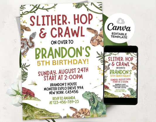 Reptile Birthday Invitation, Slither Hop and Crawl, Lizard Snake Party Invite Etemply