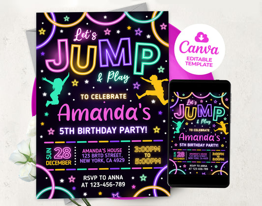 Trampoline Party Invitation, Neon Girl Jump Birthday Invite Etemply