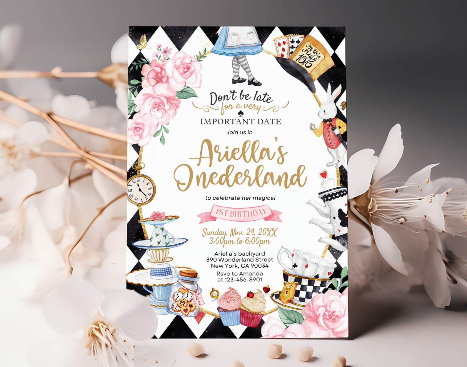 Alice in Wonderland Invitation, Onederland Invitation, 1st Birthday Girl Invitation Etemply