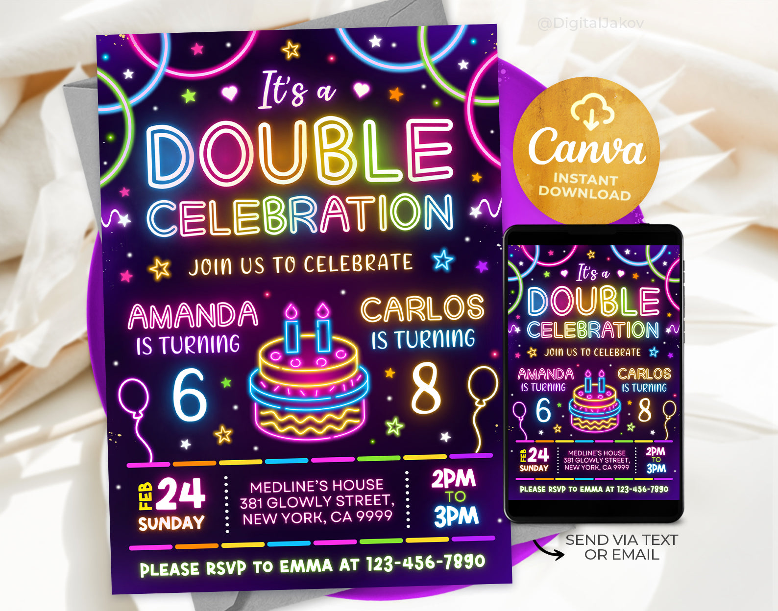 Joint Birthday Party Invitation, Neon Double Birthday Invitation Etemply