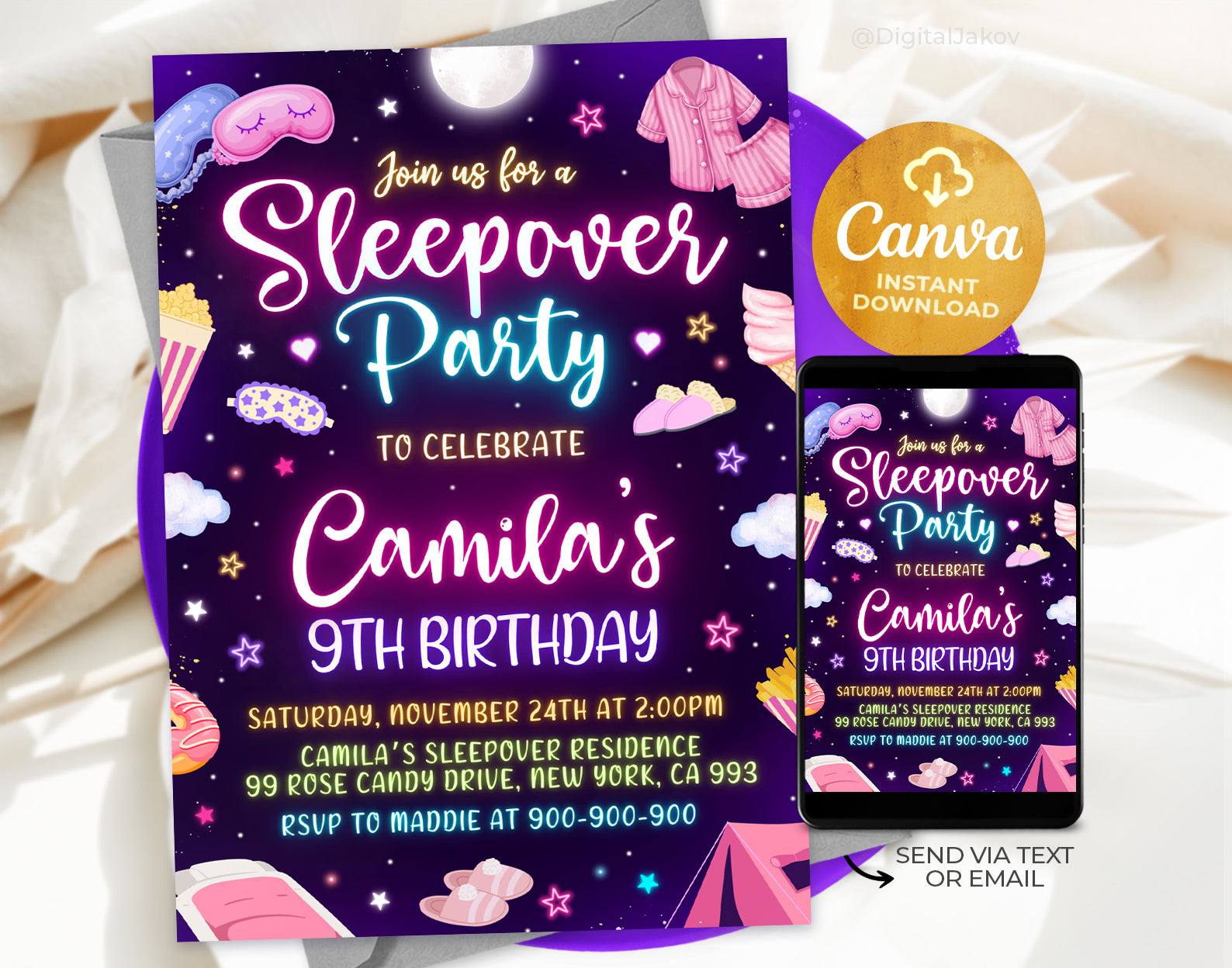 Sleepover Birthday Invitation, Slumber Party Invitation, Pajama Party Invitation Etemply