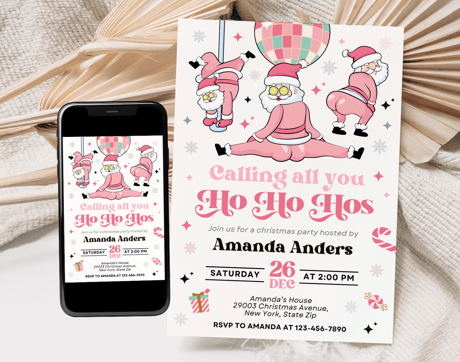 Funny Christmas Party Invitation, Pink Calling all you Ho Ho Hos Invitation Etemply