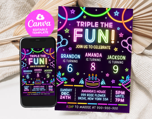 Joint Birthday Party Invitation, Triple Birthday Invitation Etemply