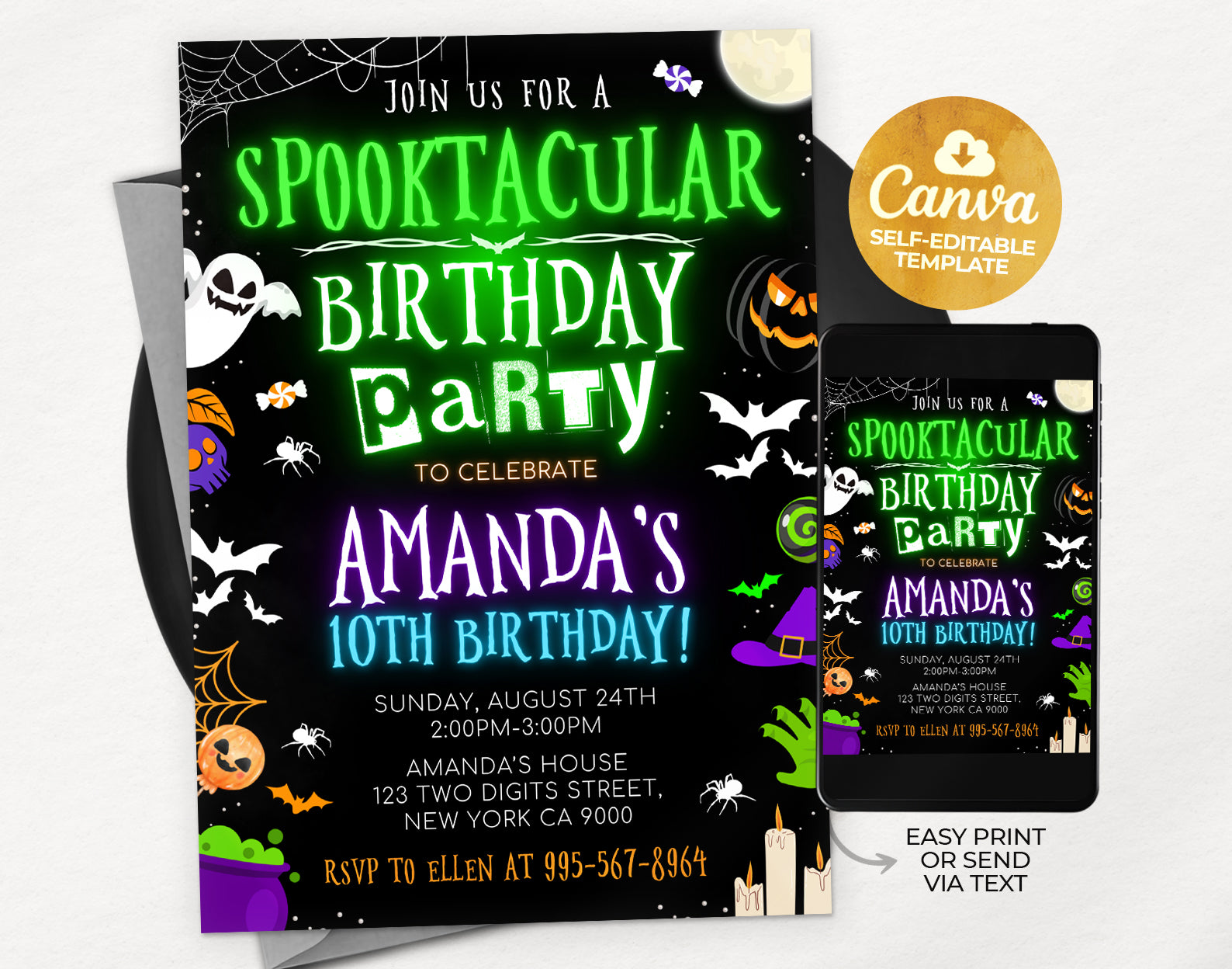 Halloween Party Invitation, Neon Halloween Party Invite, Costume Party Invitation Etemply