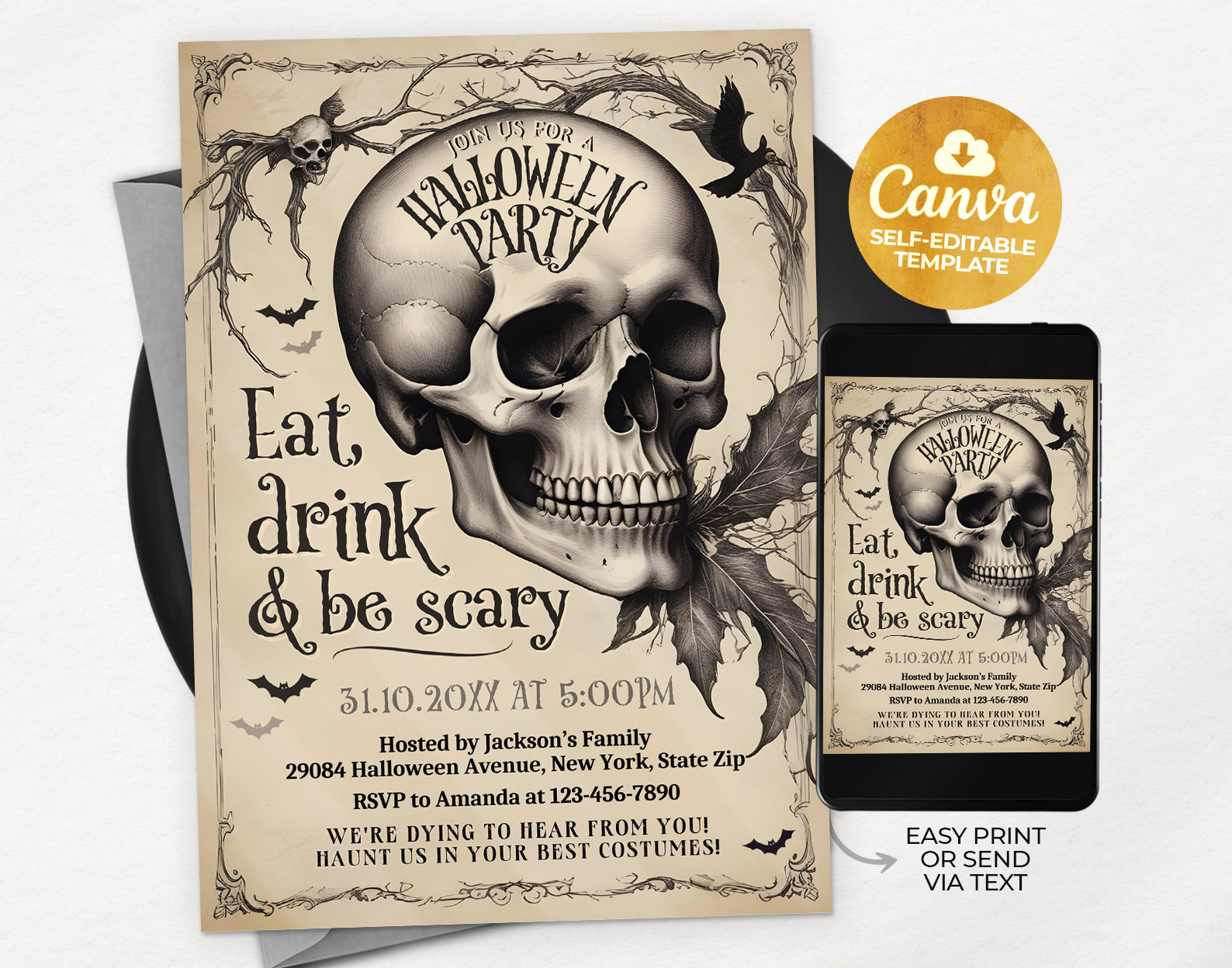 Halloween Party Invitation, Vintage Halloween Party Invite, Eat Drink and Be Scary Invitation, Vintage Skull Invite, Costume Party Invitation Etemply