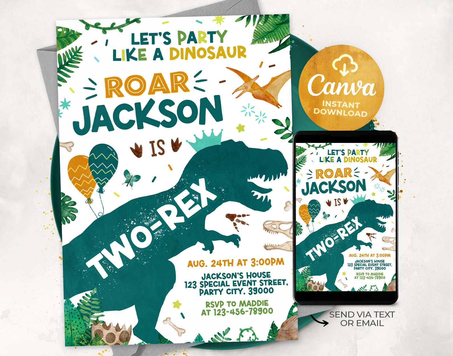 Two Rex Birthday Invitation, Dinosaur Birthday Invitation for Boy Etemply