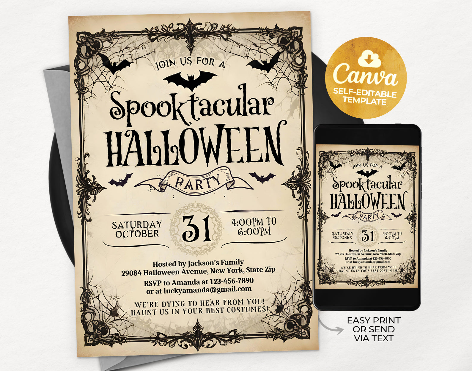 Halloween Party Invitation, Vintage Halloween Party Invite, Costume Party Invitation Etemply