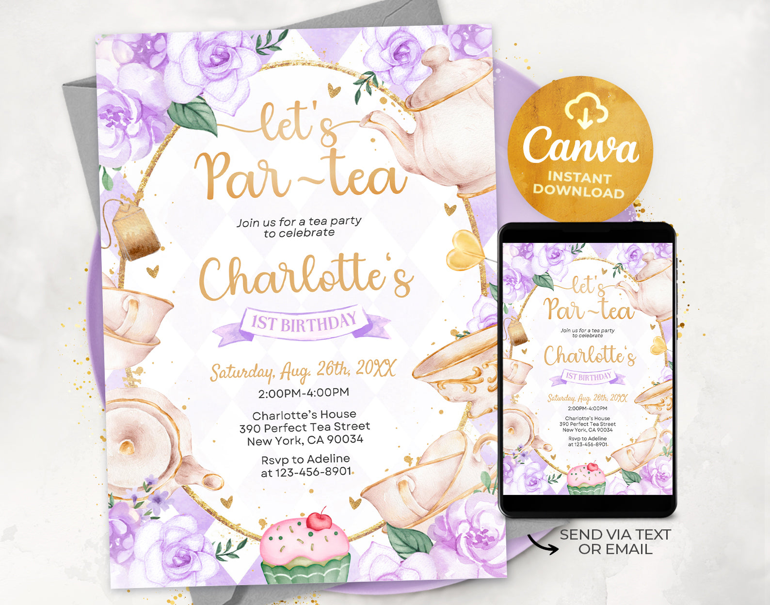 Tea Party Birthday Invitation, Purple and Gold Par-tea Invite Template, Whimsical Tea Party, First Birthday Invitation Etemply