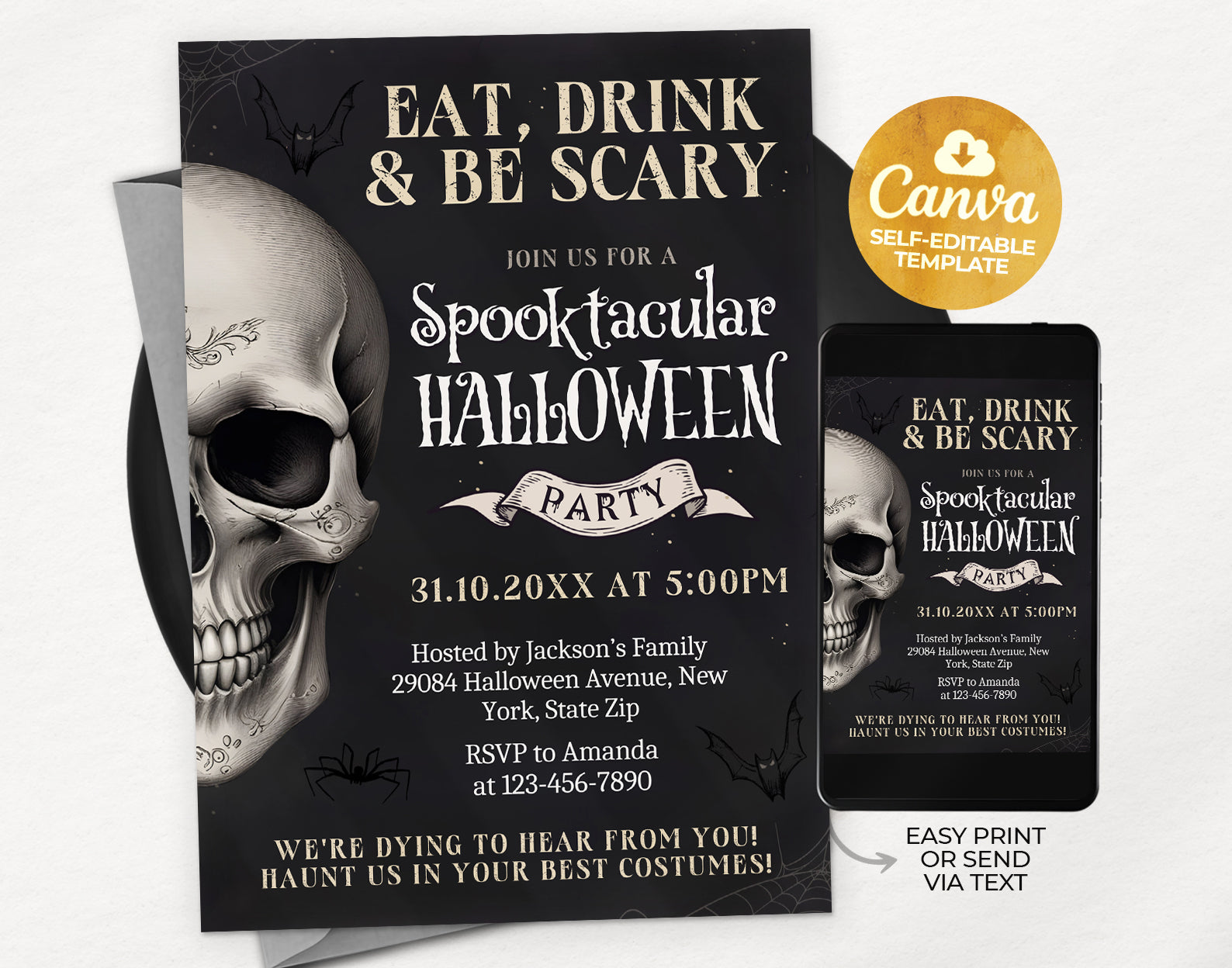 Halloween Party Invitation, Vintage Halloween Party Invite, Eat Drink and Be Scary Invitation, Vintage Skull Invite, Costume Party Invitation Etemply