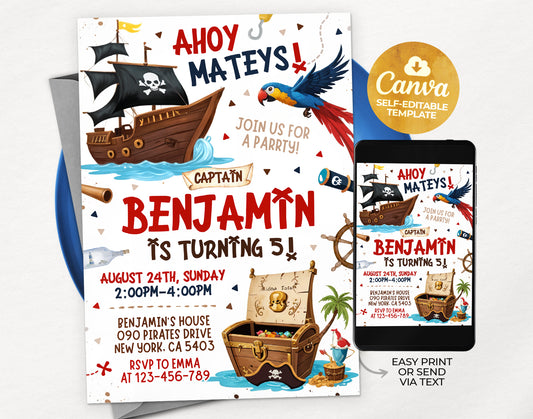 Pirate Birthday invitation, Pirate Invitation, Pirate Party Invite