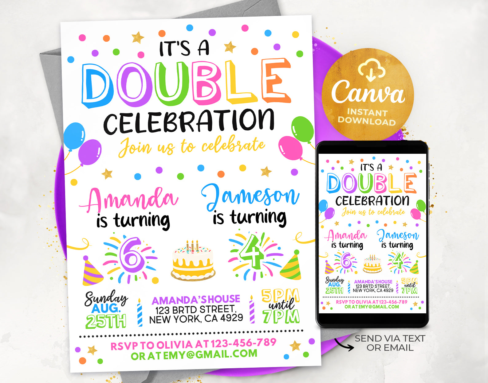 Joint Birthday Invitation, Twins Birthday Invite, Double Birthday Invitation Etemply