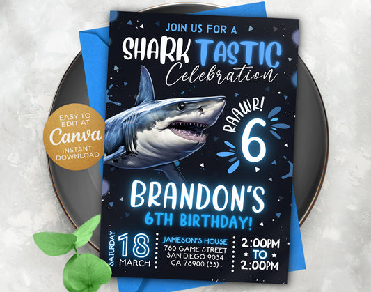 Shark Invitation, Shark Birthday Invitation, Dark Sharktastic Party Invite Etemply