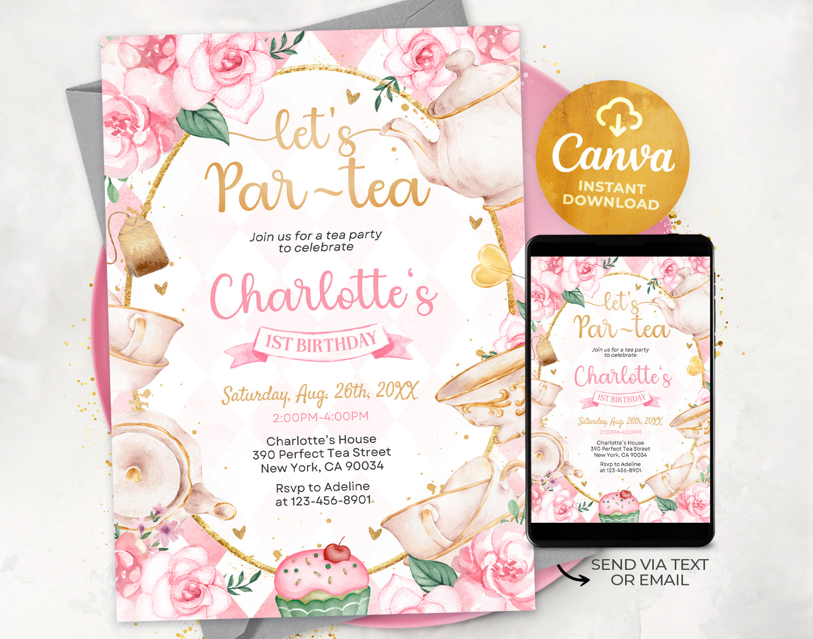 Tea Party Birthday Invitation, Pink and Gold Par-tea Invite Template, Whimsical Tea Party, First Birthday Invitation Etemply