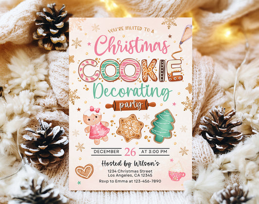 Cookie Decorating Party Invite, Cookie Exchange Invitation, Pink Cookie Christmas Party Invite