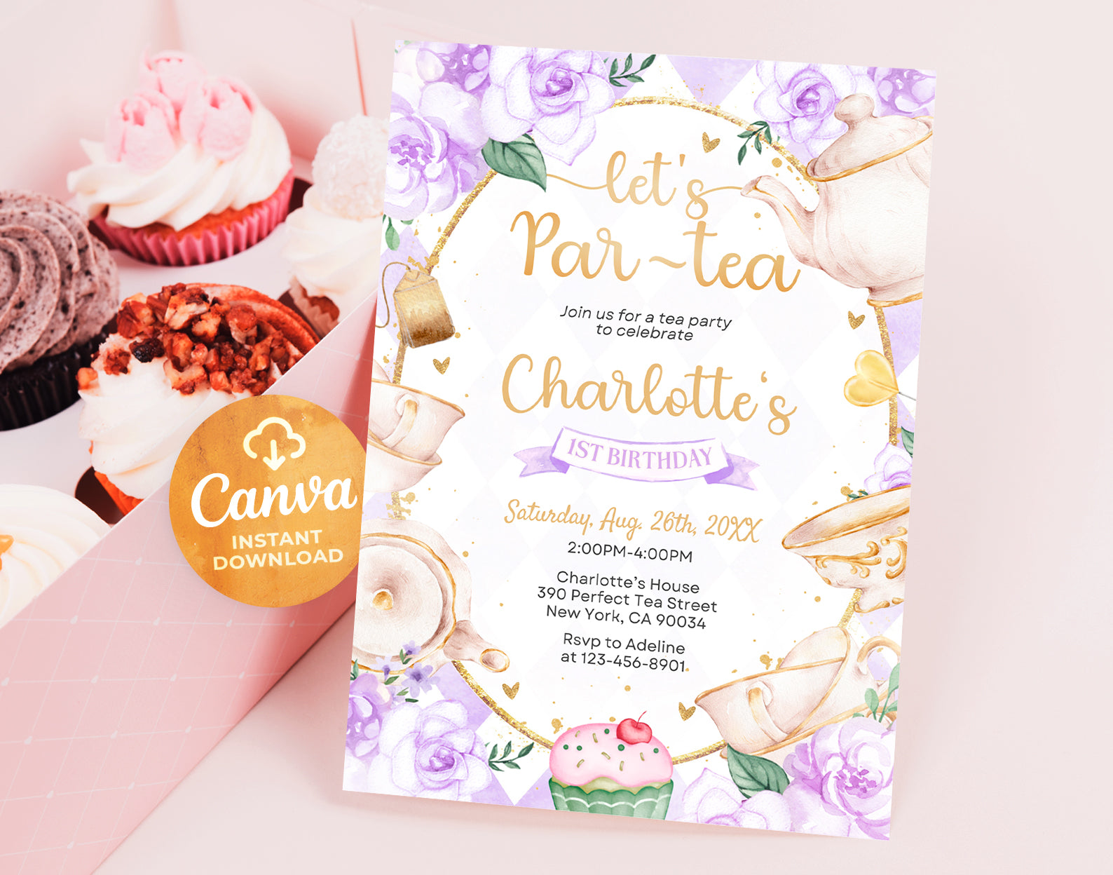 Tea Party Birthday Invitation, Purple and Gold Par-tea Invite Template, Whimsical Tea Party, First Birthday Invitation Etemply