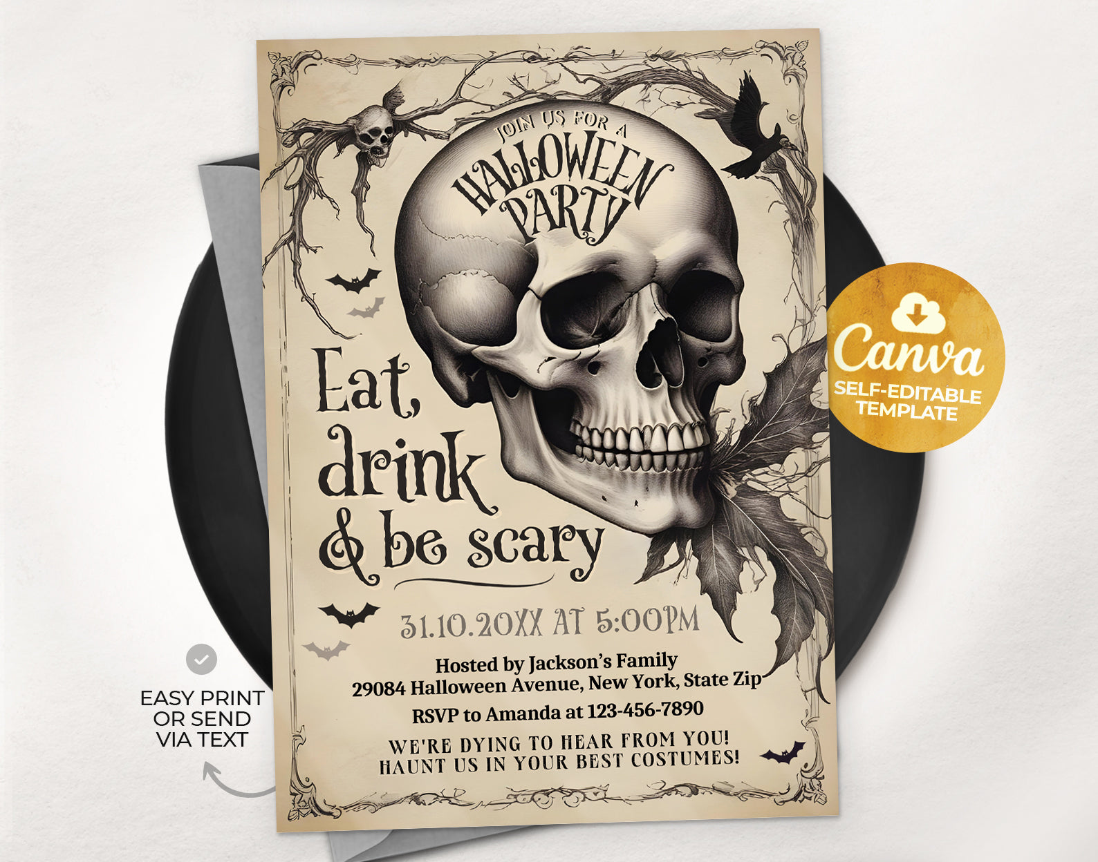 Halloween Party Invitation, Vintage Halloween Party Invite, Eat Drink and Be Scary Invitation, Vintage Skull Invite, Costume Party Invitation Etemply