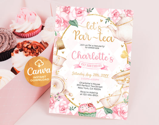 Tea Party Birthday Invitation, Pink and Gold Par-tea Invite Template, Whimsical Tea Party, First Birthday Invitation Etemply