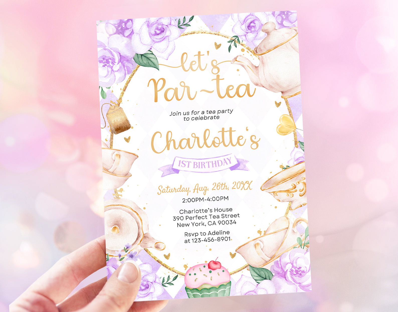 Tea Party Birthday Invitation, Purple and Gold Par-tea Invite Template, Whimsical Tea Party, First Birthday Invitation Etemply