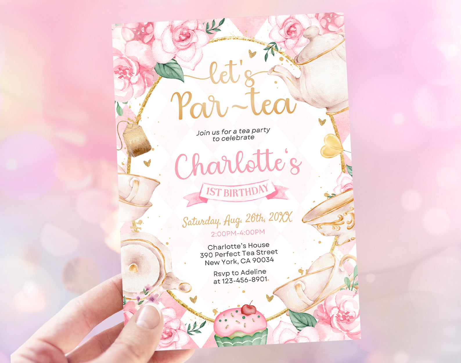 Tea Party Birthday Invitation, Pink and Gold Par-tea Invite Template, Whimsical Tea Party, First Birthday Invitation Etemply