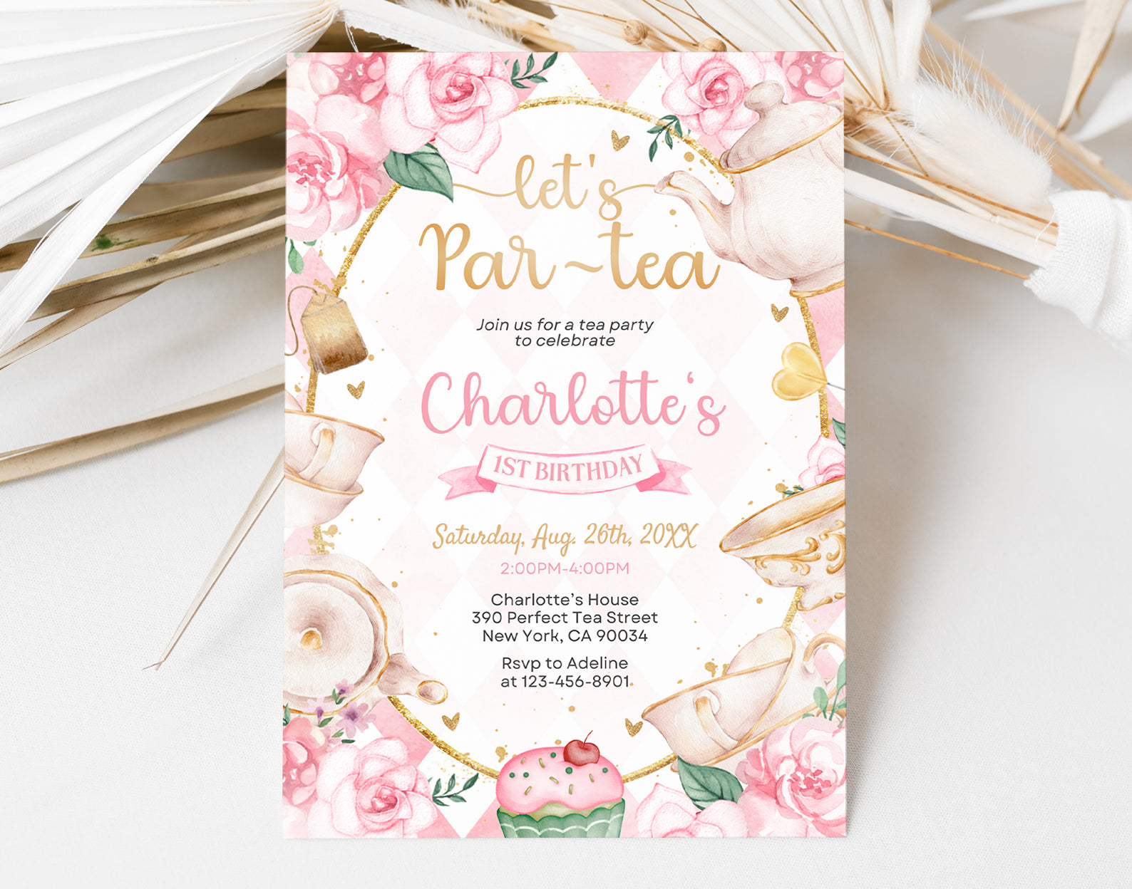 Tea Party Birthday Invitation, Pink and Gold Par-tea Invite Template, Whimsical Tea Party, First Birthday Invitation Etemply