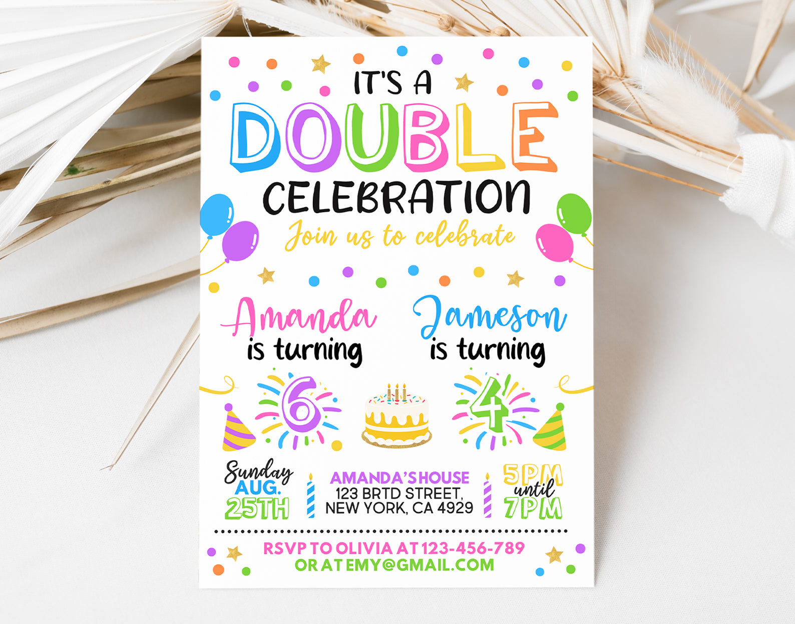 Joint Birthday Invitation, Twins Birthday Invite, Double Birthday Invitation Etemply