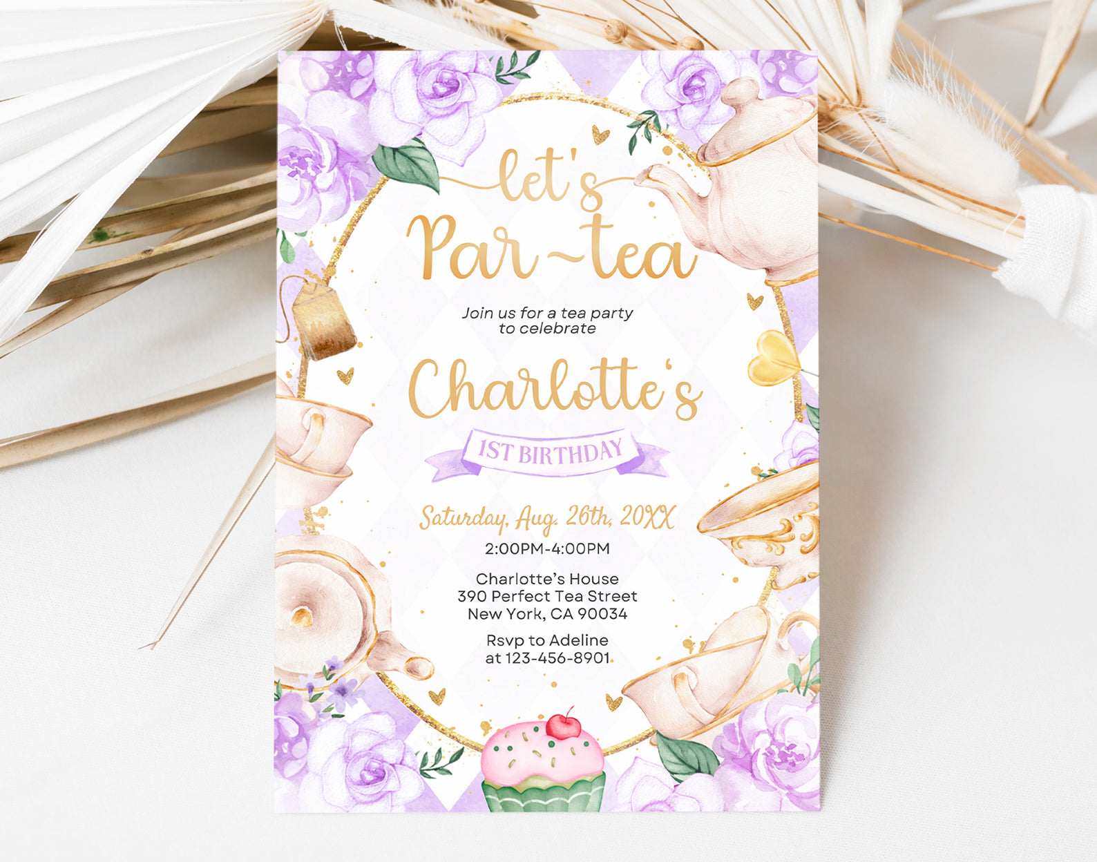 Tea Party Birthday Invitation, Purple and Gold Par-tea Invite Template, Whimsical Tea Party, First Birthday Invitation Etemply