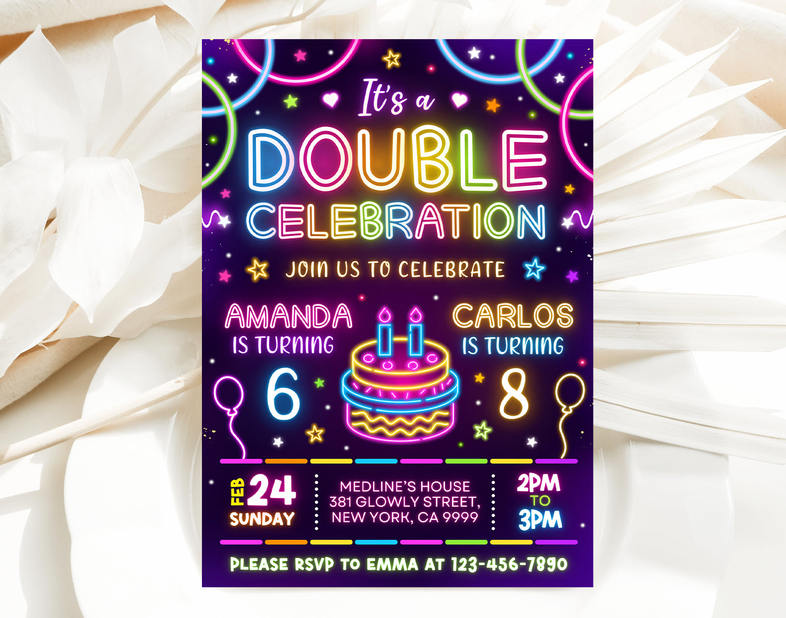 Joint Birthday Party Invitation, Neon Double Birthday Invitation Etemply