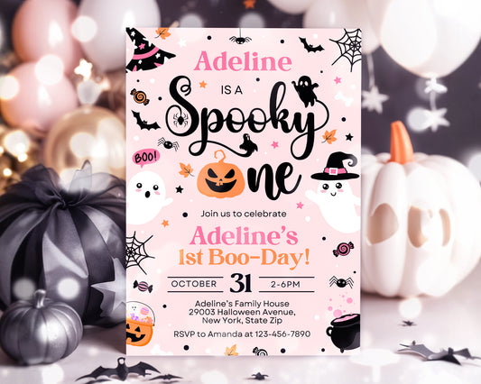 Spooky One Halloween Girl 1st Birthday Party Invitation Cute Girl Ghost 1st Birthday Spooktacular Etemply