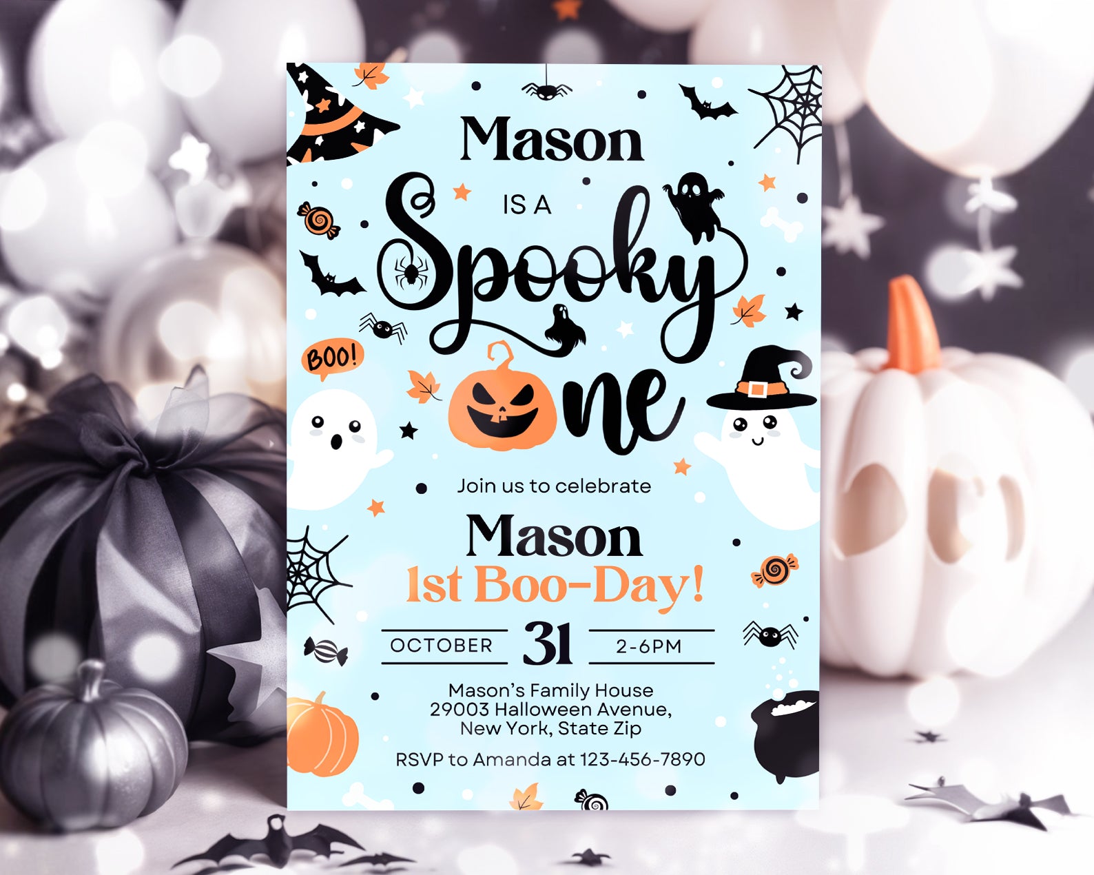 Spooky One Halloween Boy 1st Birthday Party Invitation Cute Boy Ghost 1st Birthday Spooktacular Etemply